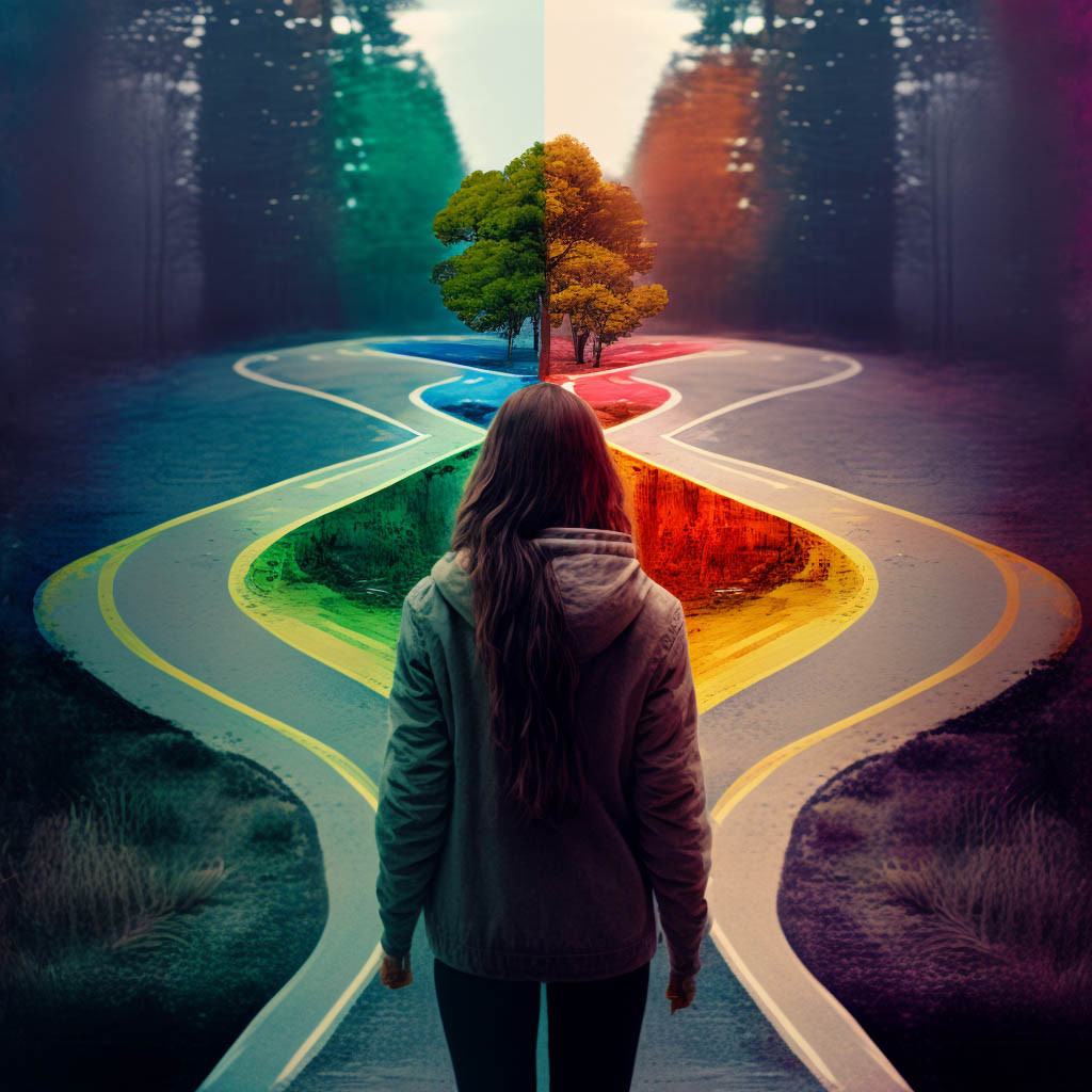 Image showing a woman standing at the intersection of two intertwining, winding roads. The image represents the decision to take shortcuts to forming better habits. RehabWithBeth