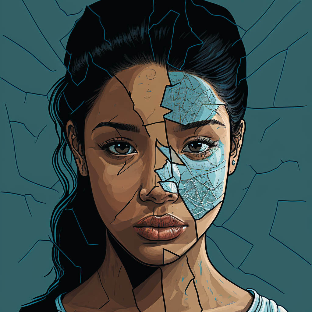 Illustration of distressed lady with adult acne
